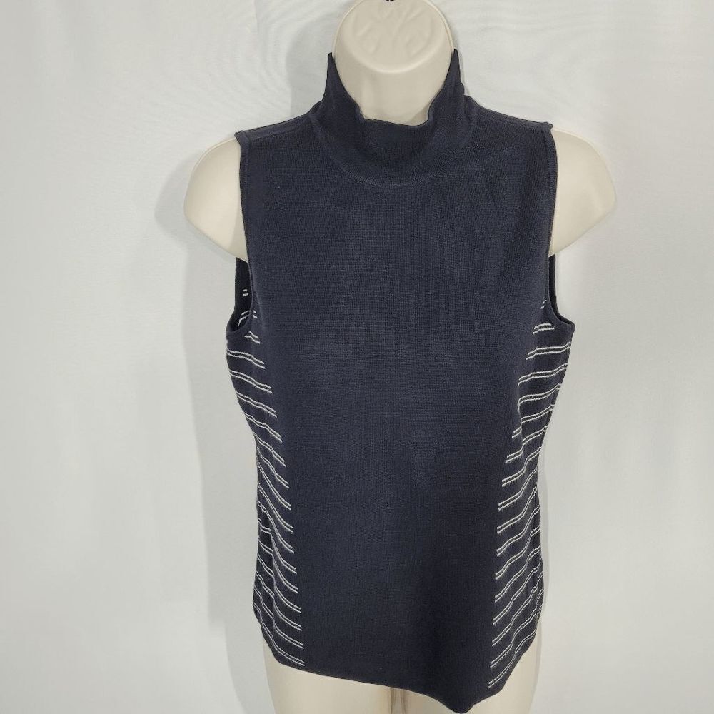 White House Black Market Striped Detail Black Sleeveless Mock Neck Sweater Small
